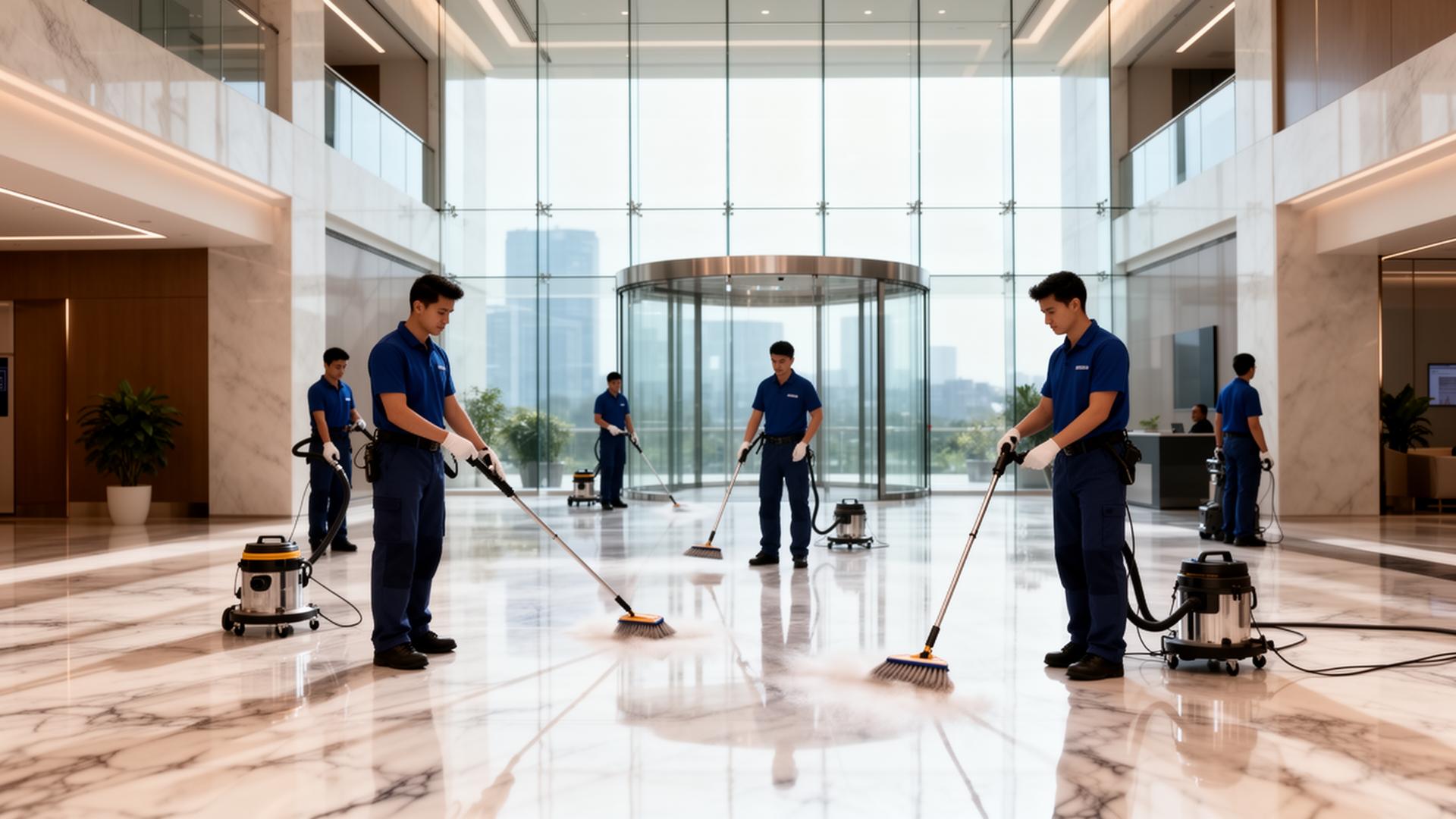 Pritchard Industries commercial janitorial crew servicing a corporate lobby